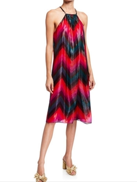 Trina Turk Tambara Metallic Chevron Trapeze Dress Large Midi Length Silk Blend - Picture 1 of 10